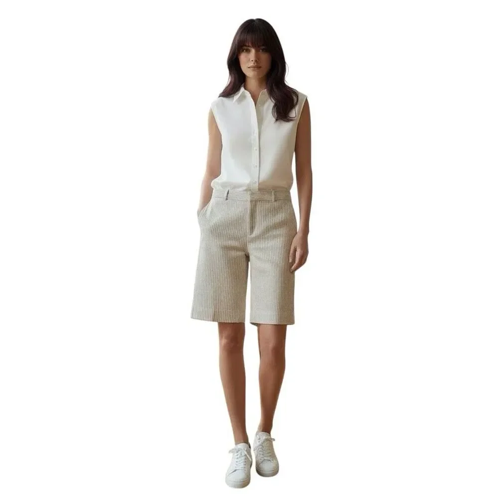 Banana Republic Seersucker Cotton Stretch Bermuda Shorts in Tan & White Size 8